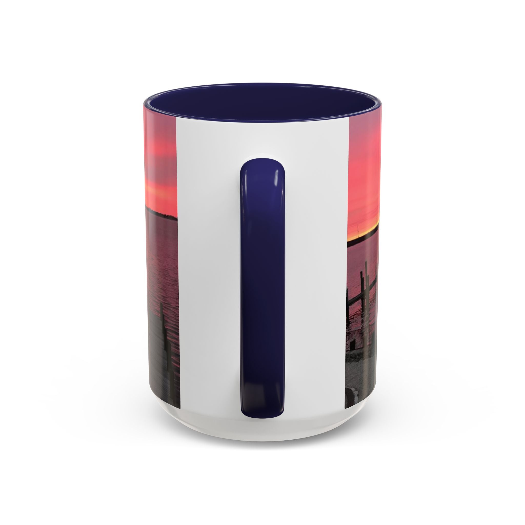 Sunset Harbor Accent Coffee Mug — Pink Sunrise Dock Scene (11/15oz)