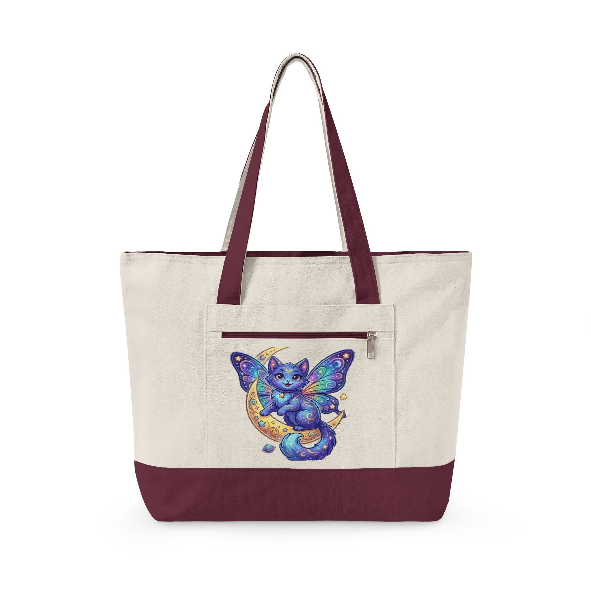 Canvas Tote Bag — Whimsical Moon Cat Butterfly Design