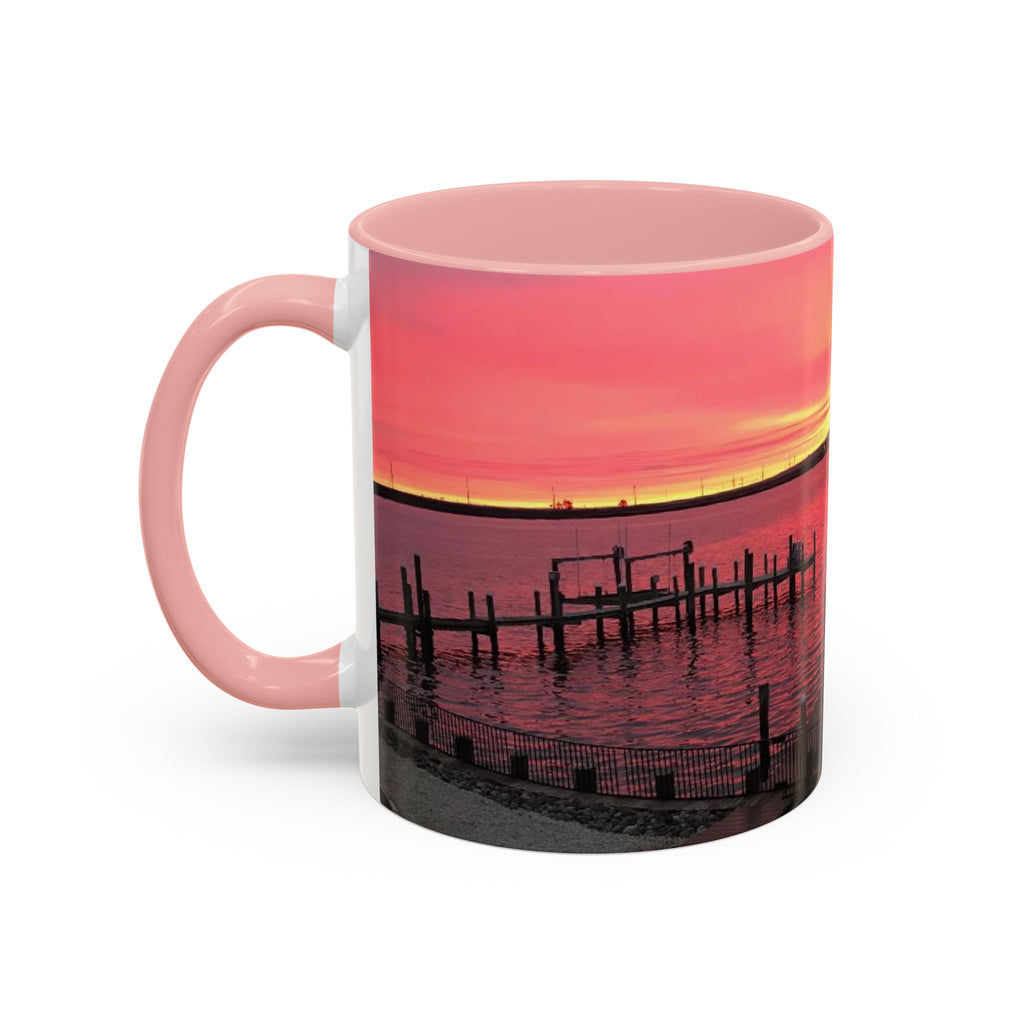 Sunset Harbor Accent Coffee Mug — Pink Sunrise Dock Scene (11/15oz)
