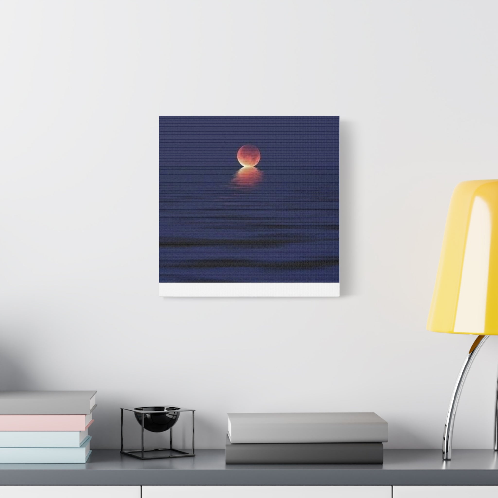Lunar Reflection Canvas Art — Moonrise Over Calm Sea Stretched Matte Wall Art
