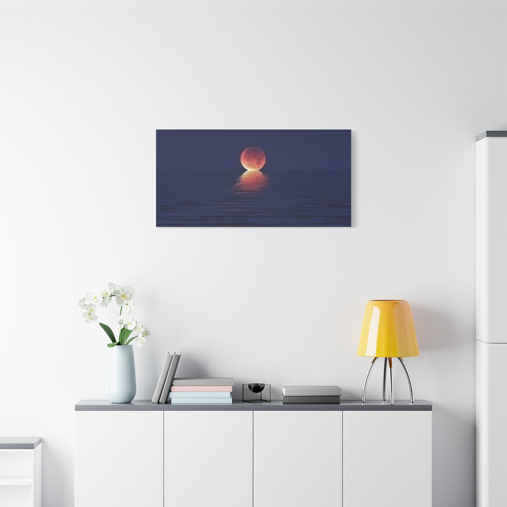 Lunar Reflection Canvas Art — Moonrise Over Calm Sea Stretched Matte Wall Art