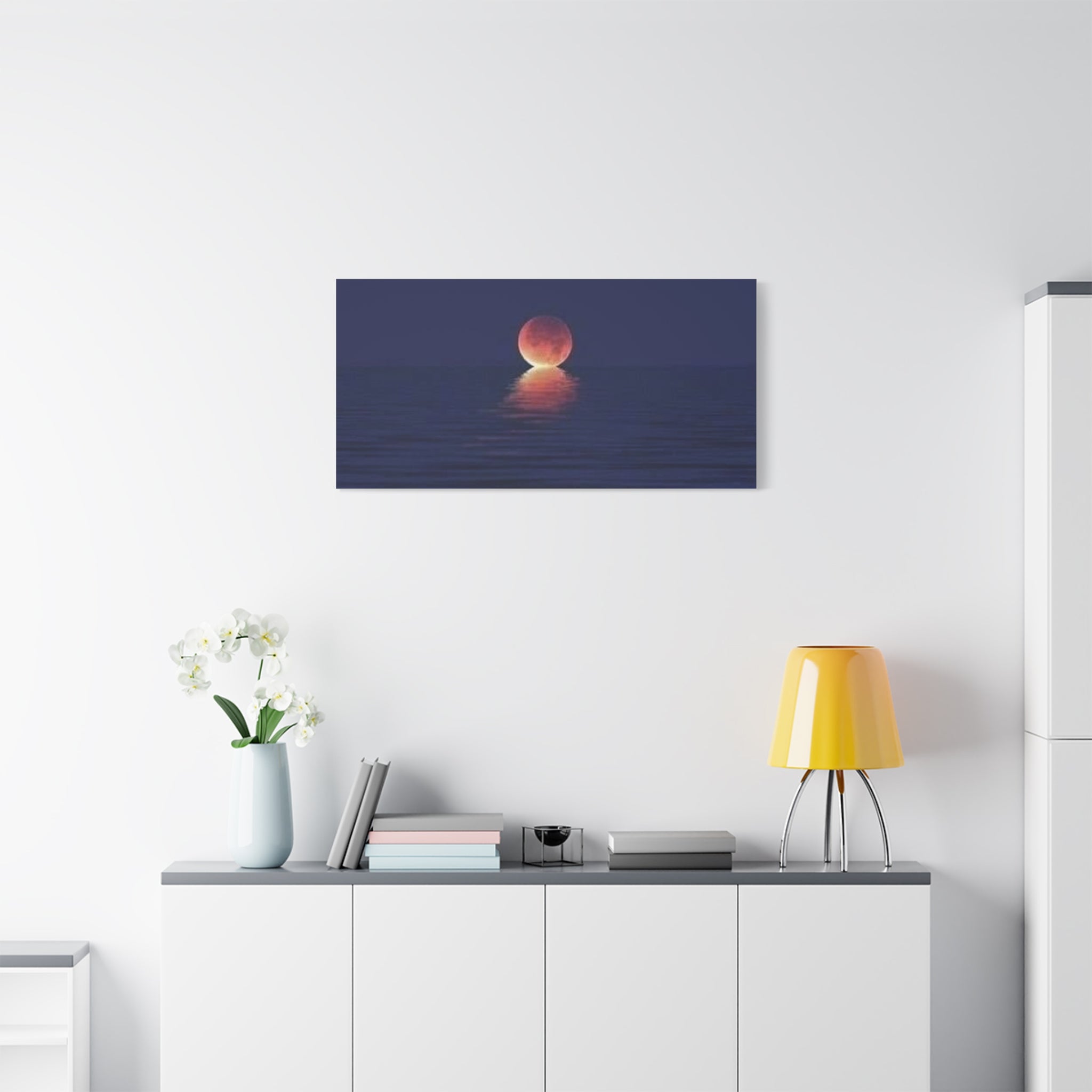 Lunar Reflection Canvas Art — Moonrise Over Calm Sea Stretched Matte Wall Art